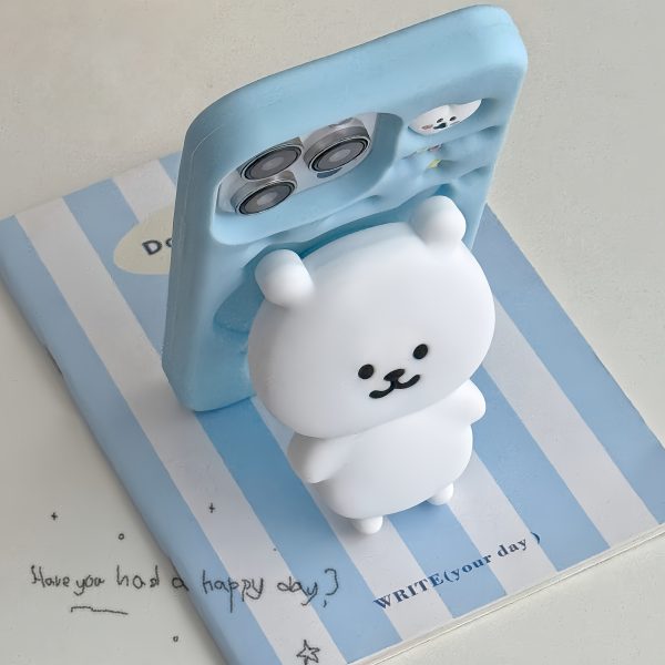 Cute Bear Stand Phone Case for iPhone 13/14/15/16 Pro/Max | Anti-Drop Silicone Soft Cover - Light Blue, Adorable & Stylish Protective Case - Image 2