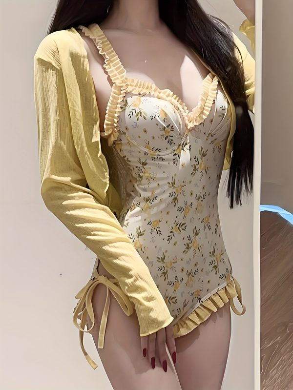 Swimsuit Women's Long Sleeve Two-Piece Set with Floral Pattern for a and Pure Desire Look - Image 4