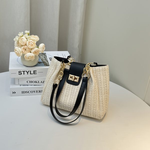 Elegant Women'S Large Capacity Woven Shoulder Bag with Adjustable Chain Strap, Front Flap Button Closure - Beige/White, Multi-Functional for Casual and Professional Use, Available in Black, Professional Shoulder Bag|Elegant Design|Polyester Lined - Image 6