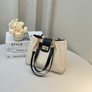 Elegant Women'S Large Capacity Woven Shoulder Bag with Adjustable Chain Strap, Front Flap Button Closure - Beige/White, Multi-Functional for Casual and Professional Use, Available in Black, Professional Shoulder Bag|Elegant Design|Polyester Lined