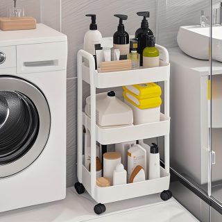 Three-Tier Expandable Bath Storage Cart, White, Plastic, Freestanding, Bathroom, Pull-Out Shelves, Assembled, No Golden Pipes