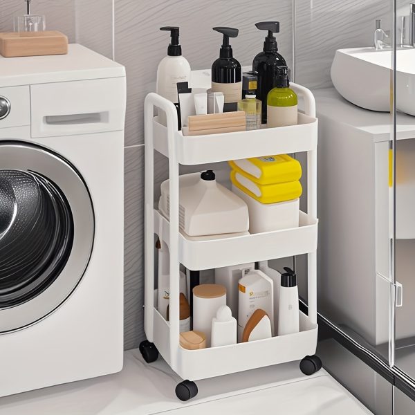 Three-Tier Expandable Bath Storage Cart, White, Plastic, Freestanding, Bathroom, Pull-Out Shelves, Assembled, No Golden Pipes