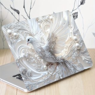 2pcs Vinyl Sticker Set: Beautiful White Dove with Swirls and Pearls on Semi-Matte Finish, Self-Adhesive, Single Use, Perfect for Laptops, Cars, Helmets, Motorcycles, and Refrigerators