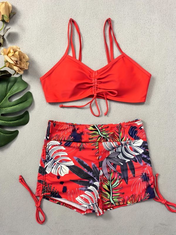 Chic Tropical Leaf Print Bikini Set for Women - Sexy Drawstring Top & High-Waist Boxer Shorts, Stretchy Polyester Blend, Machine Washable - Image 10