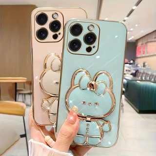 New fashionable phone case suitable for iPhone 11 12 13 14 15 16 16Por 15Pro Max 16Plus phone case, rabbit three-dimensional stand ultra-thin electroplated soft phone case protective case with bracelet