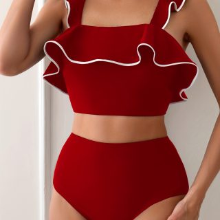 Women's Ruffled Two-Piece Tankini Swimsuit Set, High-Waisted Bottom, Royal Trim