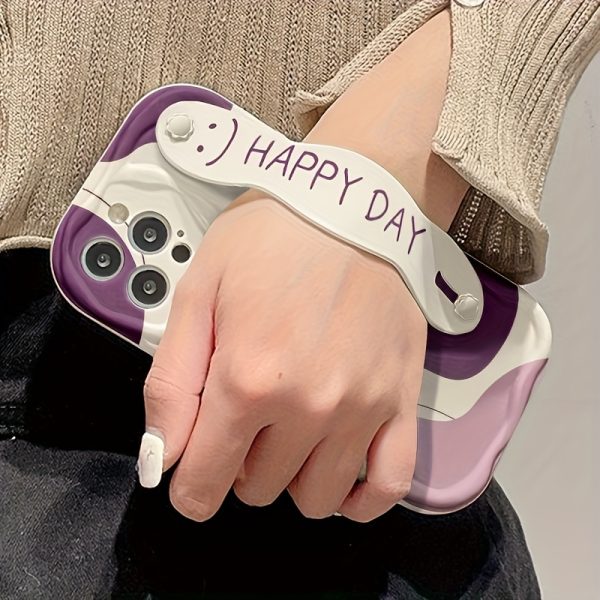 A White And Purple Dual-Tone Smiley Face Phone Case with a Cream Shell And Wrist Support, Featuring a Minimalist Design, Compatible with Models 16/16Plus/16Pro/16Promax/15/15Plus/15Promax/14/14Plus/14Pro/14Promax, 13/13Pro/13Promax, 12/12Pro/12Promax, 11/11Pro Max. - Image 7