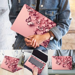 2pcs 3D Pink Butterfly Vinyl Laptop Sleeve Stickers - Waterproof, Scratch-Resistant PVC, Easy Apply & Remove, No Marks, Fits 33.02-38.1cm Laptops, Decorative Floral Design, Perfect Digital Gift