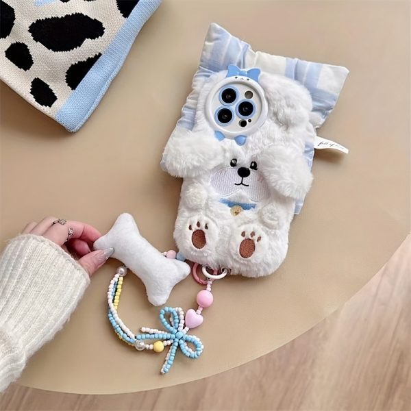 Cartoon White Dog Fluffy Mobile Phone Case with Bracelet Suitable for iPhone 16 Pro Max Autumn and Winter Plush Mobile Phone Case - Image 4