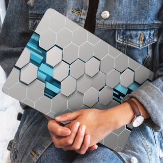2pcs Geometric Blue & Gray Laptop Skin Stickers - Waterproof, Scratch-Resistant, Self-Adhesive Vinyl Art for Laptops & Cars, Unique Hexagonal Pattern Design, Laptop Accessories | Modern Laptop Design | Durable Laptop Skin, Laptop Decor