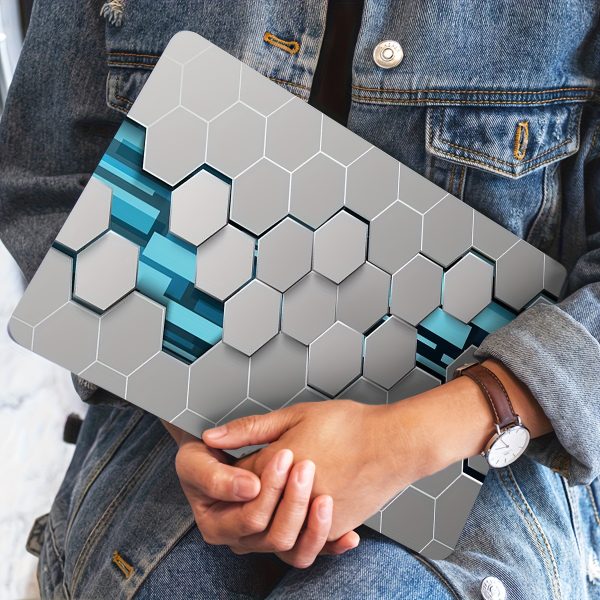 2pcs Geometric Blue & Gray Laptop Skin Stickers - Waterproof, Scratch-Resistant, Self-Adhesive Vinyl Art for Laptops & Cars, Unique Hexagonal Pattern Design, Laptop Accessories | Modern Laptop Design | Durable Laptop Skin, Laptop Decor