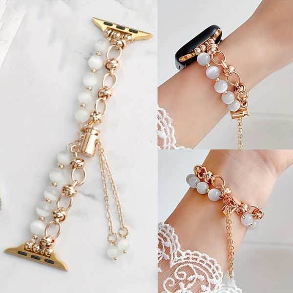 Stylish Beaded Metal Dual Chain Bracelet Strap Suitable for Apple Watch 38mm 40mm 41mm 42mm 44mm 45mm 49mm (S10 42)mm (S10 46)mm, High-End Women's Wristband Suitable for iWatch Series Ultra 2 SE 10 9 8 7 6 5 4 3 2 1 Gift - Image 2
