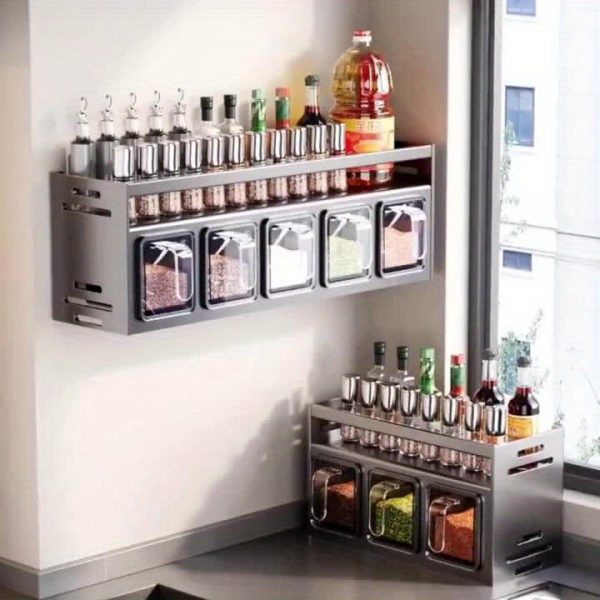 1pc Wall Mounted Condiment Organizer Set - Durable Aluminum, No Drilling Required, Includes Condiment Containers and Jars for Kitchen and Dining Room - Image 8