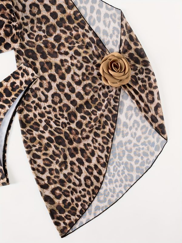 Women'S Bikini Set Three-Piece Summer New Cheetah Random Printing Full Print Leopard Print Sexy Strapless 3D Flower Mesh Beach Skirt Old Money Style Vacation Style Brown Women'S Beach Clothin - Image 7