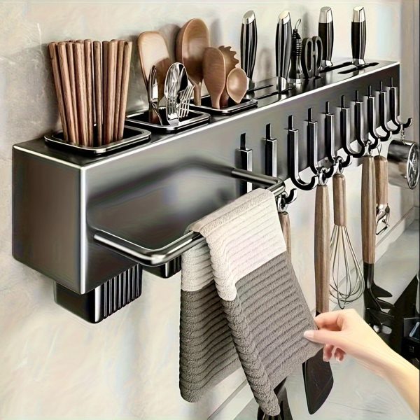1pc No-Drill Stainless Steel Wall-Mounted Knife & Utensil Organizer - Rust-Resistant Non-Magnetic Space-Saving Kitchen Storage with Chopstick Holder, Knife Slots & Hooks for Knives, Spatulas, Whisks, Kitchen Organizers And Storage, Sleek Design, Durable Construction, Home Chefs, Minimalist Design, Sturdy Construction, Professional Cooks - Image 2