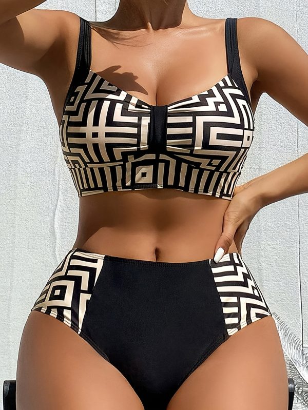 YIYUNQING Women'S Geometric Pattern Bikini Set, Polyamide and Elastane Knit Fabric, High Stretch, with Bow Detail