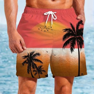 Men's Quick-Dry Swim Shorts - Hawaiian Beach Board Shorts with Tropical Sunset, Orange to Yellow Ombre Gradient Swim Trunks for Surfing, Pool, Vacation - Non-Stretch Swimwear for Adults, Outdoor Water Activities, Vibrant Print, Adjustable Waistband, Outdoor Adventurers