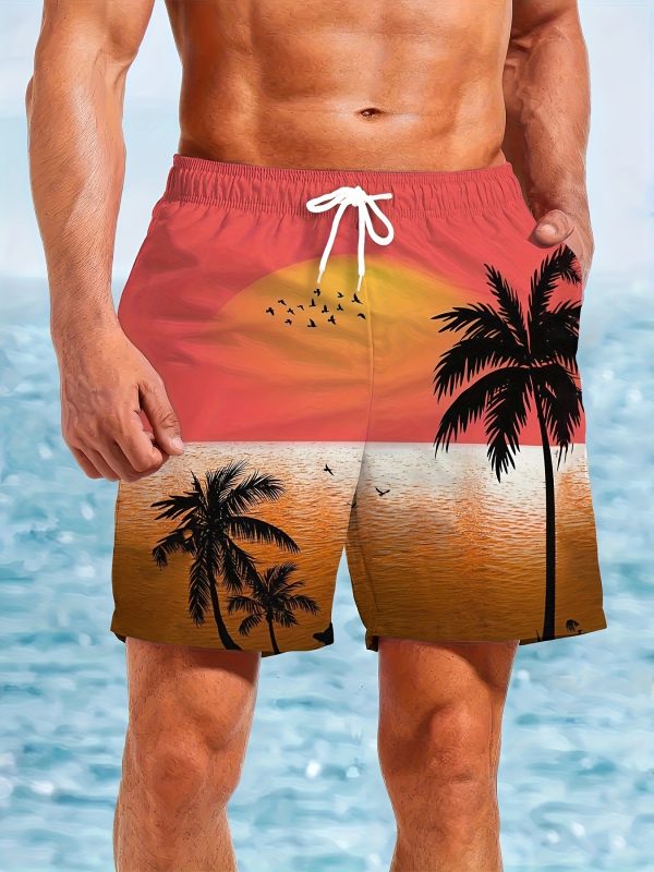 Men's Quick-Dry Swim Shorts - Hawaiian Beach Board Shorts with Tropical Sunset, Orange to Yellow Ombre Gradient Swim Trunks for Surfing, Pool, Vacation - Non-Stretch Swimwear for Adults, Outdoor Water Activities, Vibrant Print, Adjustable Waistband, Outdoor Adventurers