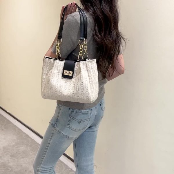 Women'S 2025 New Year Handwoven Straw Tote Bag - Black Accents, Honeycomb Pattern, Adjustable Shoulder Strap, Kiss Lock Closure, Machine Washable, Beach & Casual Style, Casual Tote Bag|Honeycomb Pattern Bag|Durable Handle Bag - Image 10