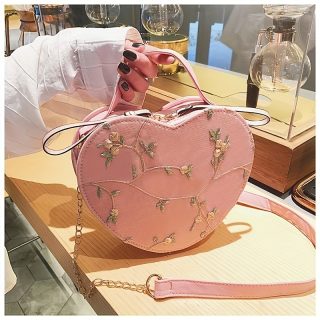 1pc Women's Floral Heart Crossbody Bag - Round Shoulder Bag with Golden-Tone Zipper Closure, Detachable Strap & Chain Link, Green & Beige Embroidery Design for Casual & Special Occasions - Perfect Gift for Mother's Day, Valentine's, Christmas, Heart Shaped Purse, Charming Accessory
