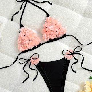 2025 New Pink 3D Floral Solid Color Sexy Bikini Swimsuit for Women European Style