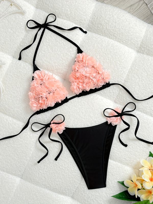 2025 New Pink 3D Floral Solid Color Sexy Bikini Swimsuit for Women European Style