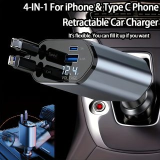 4-in-1 Fast Car Charger, with Retractable 66W Max66W, Adjustable 180° Plug, Includes 79.25cm Extendable Cable, USB & Type-C Ports, PD & QC3.0, Compatible with iPhone 16/15/14/13/12/11 & Android Devices, Ideal for Car Cup Holder, Quick Charge Car Charger by SAN.COMO
