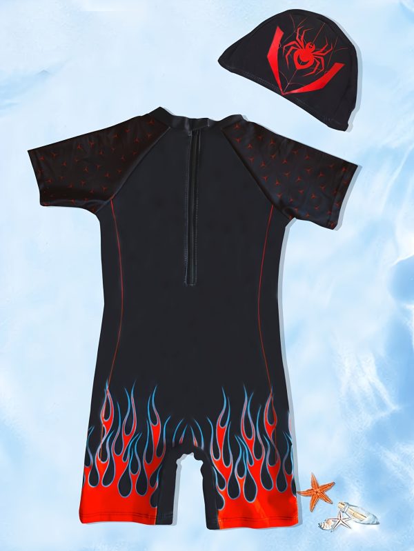 Spider Flame Print Short Sleeve One-Piece Zipper One-Piece Swimsuit Swimming Cap Fashion Leisure Water Park Pool Beach Seaside Hot Spring Vacation - Image 2