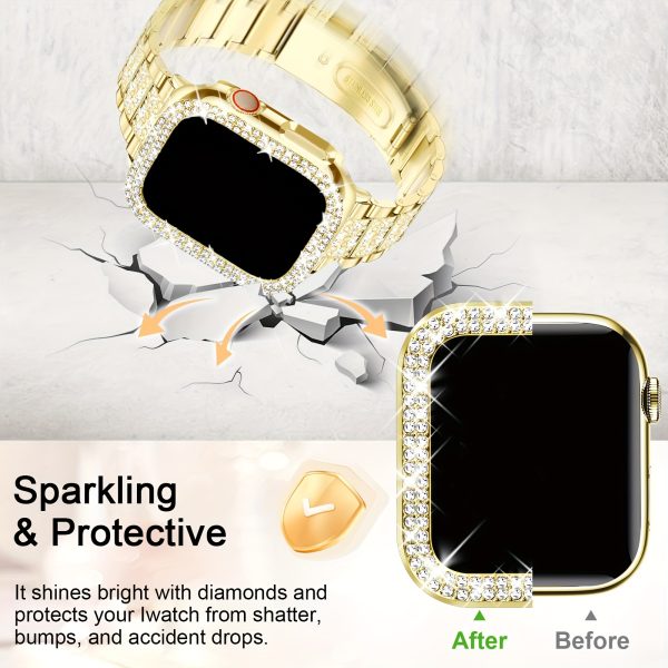 Shiny strap for, shiny case, compatible with iWatch strap 38/40/41/42/44/45/46/49mm elegant and fashionable rhinestone replacet metal chain wristband protective cover, suitable for series 10/9/8/7/6/5/4/3/2/1SE Golden - Image 4