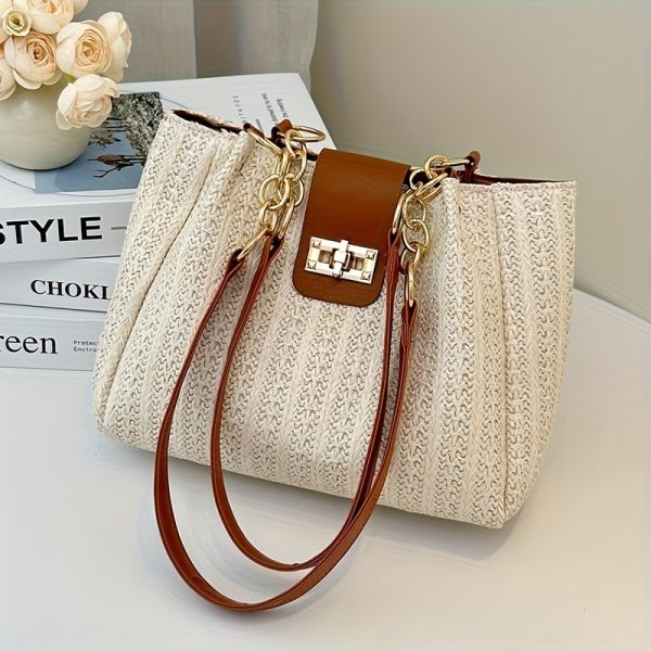 Elegant Women'S Large Capacity Woven Shoulder Bag with Adjustable Chain Strap, Front Flap Button Closure - Beige/White, Multi-Functional for Casual and Professional Use, Available in Black, Professional Shoulder Bag|Elegant Design|Polyester Lined - Image 10