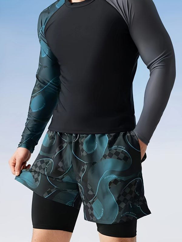 Men's Quick-Dry Swimsuit Set - Sporty Two-Layer Swim Trunks with Elastic Drawstring, Durable Nylon & Elastane Blend, Camouflage Pattern, Long Sleeve Rash Guard - Ideal for Diving & Beach Activities, Beach Swimwear|Sporty Swimwear|Smooth Texture Swimwear, High Waisted Swimsuit - Image 2