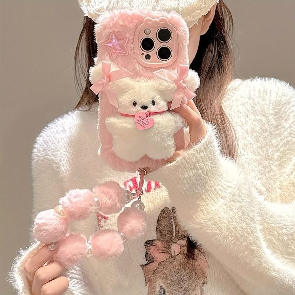 Three-Dimensional Bow Dog Plush Mobile Phone Case with Bracelet for Iphone 16 Pro Max Autumn And Winter New Plush - Image 2