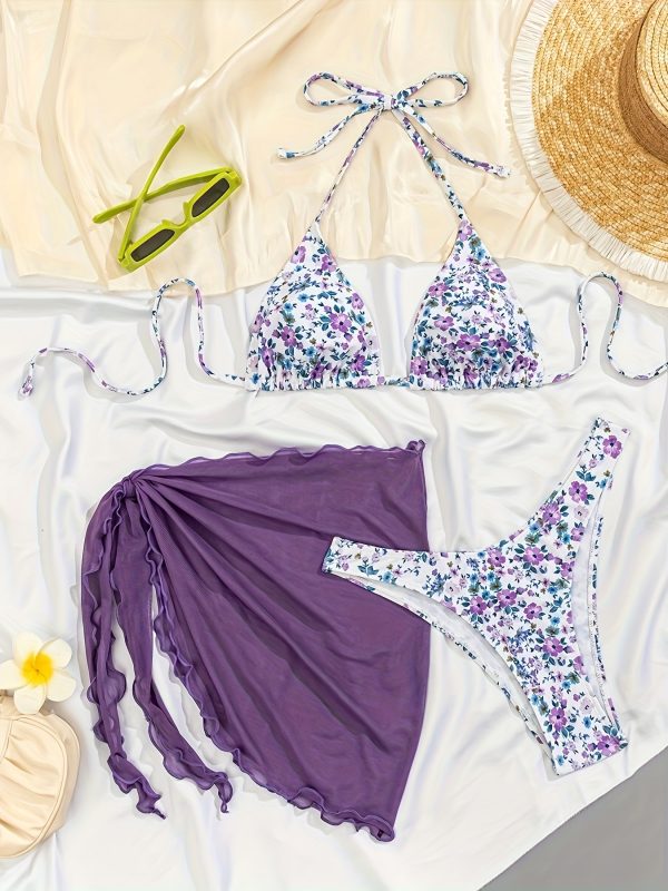 3pcs Floral Print Halter Bikini Set with Matching Tie-Waist Skirt & Headband - Stretchy Polyester/Spandex Blend, Vibrant Purple & Blue Flower Design, Perfect for Summer Beach Outing