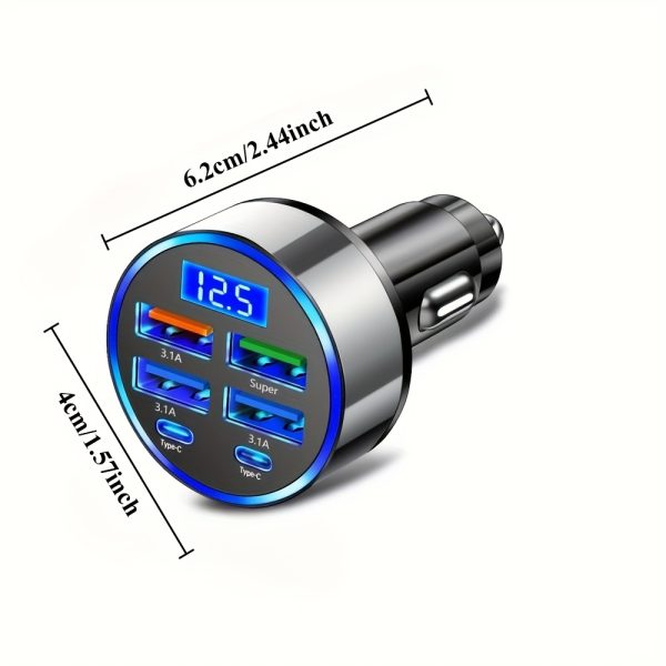 6-in-1 Fast Charging Car Charger | Dual PD USB Ports with LED Display | QC3.0 Quick Charge | Compatibility | 30 Minutes Full Charge for Multiple Devices | Sleek Metallic Finish | Cigarette Lighter Plug | Supports Up to 36V - Image 4