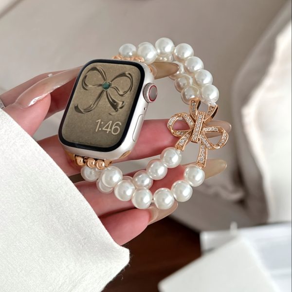 1 pearl bow Apple Watch Women's strap, compatible with Apple Watch 38/40/41/42/45/46/49mm, compatible with Apple Watch Series Ultra/SE/10/9/8/7/6/5/4/3/2/1 business sports metal strap color matching very fashionable high-end smart wristband (excluding watch) 6 pearls (wrist size about 15cm) - Image 12