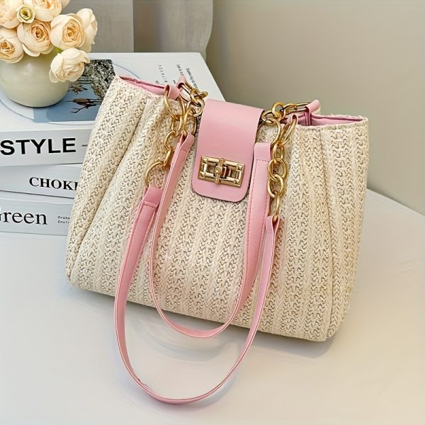 Elegant Women'S Large Capacity Woven Shoulder Bag with Adjustable Chain Strap, Front Flap Button Closure - Beige/White, Multi-Functional for Casual and Professional Use, Available in Black, Professional Shoulder Bag|Elegant Design|Polyester Lined - Image 3