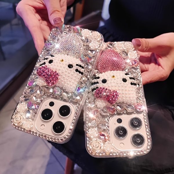 Adorable Hello Kitty Full Screen Handmade Imitation Crystal Rhinestone Heart Phone Case with Bracelet Suitable for iPhone 16 15 14 13 12 11 Pro Max - Image 5