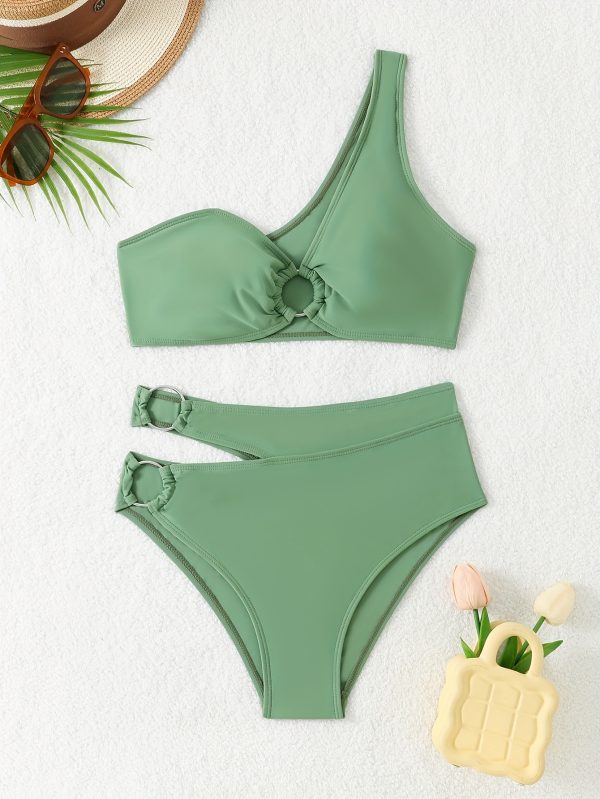 Women'S Green Bikini Set with Ring Detail - High Stretch Polyester Fabric, Solid Color, Perfect for Beach and Pool, Beach Attire|Minimalist Style|String Detailin - Image 8