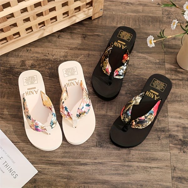 Elegant Bohemian Floral Women'S Flip Flops with Open Toe, Breathable Fabric Strap, Cushioned EVA Sole, Black and White Summer Beach Sandals for Vacation - Image 4