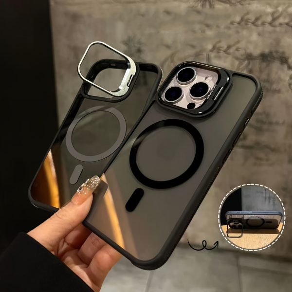High-End Fashion Dual-Color Magnetic Metal Transparent Stand Phone Case for Iphone 16 Pro Max, Compatible with 16, 15, 14, 13, 12, 11 Plus Pro Max And 16E. The Lens Frame Can Be Opened As a Stand, Supports Wireless Charging, And Protects Your Phone with a Two-Color Protective - Image 2
