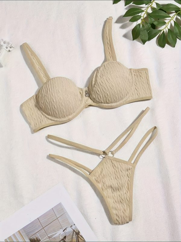 Women'S Comfortable, Lightweight, Solid Beige Bra Set with Rhinestone Accents - No Padding, Perfect for Everyday Wear, Everyday Bra Set|Minimalist Bra Design|Comfortable Bra - Image 5
