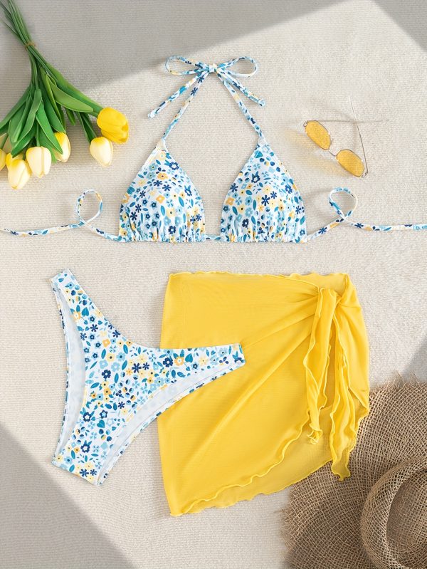 Women's Fresh Floral Mesh Bikini Three-Piece Set - Image 2