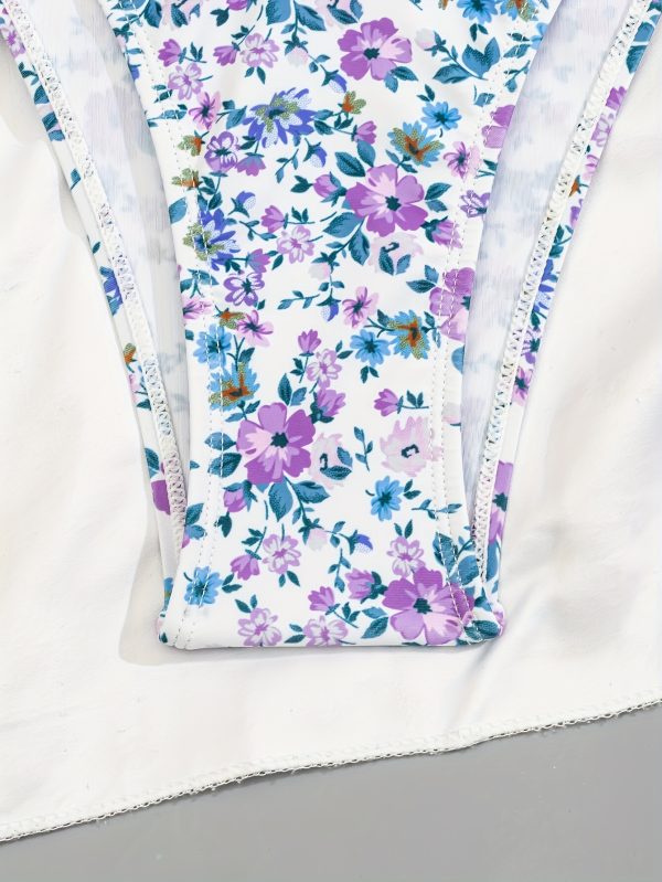 3pcs Floral Print Halter Bikini Set with Matching Tie-Waist Skirt & Headband - Stretchy Polyester/Spandex Blend, Vibrant Purple & Blue Flower Design, Perfect for Summer Beach Outing - Image 3