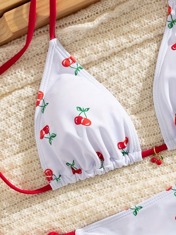 Women'S Cherry Print Bikini Set with Red Bow Detail - High-Stretch Fabric, Adjustable Straps, White & Red Design for Beach or Pool, Beach Swimwear | Playful Swimwear | Highelasticity Fabric - Image 4