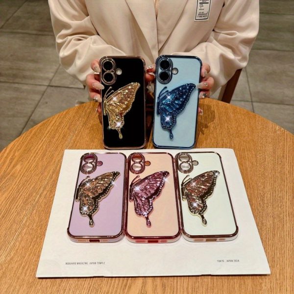 Electroplated Side Rose Flower + Glitter Butterfly Stand, High-Quality Feel for Apple Full-Cover Shockproof Protective Case, Creative for Iphone 16, 15, 14, 13, 12 Mini, 11, XR, 7, 8, SE2, SE3, Plus, Pro Max Phone Case Set. - Image 2