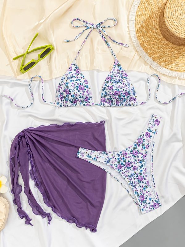 3pcs Floral Print Halter Bikini Set with Matching Tie-Waist Skirt & Headband - Stretchy Polyester/Spandex Blend, Vibrant Purple & Blue Flower Design, Perfect for Summer Beach Outing - Image 7