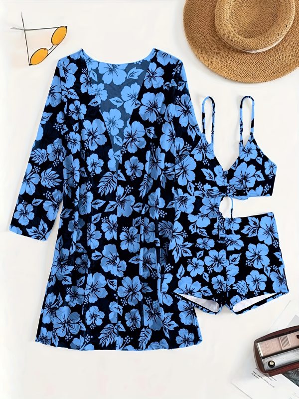 Floral Print Sexy Bikini Set with Cover-Up, Long Sleeve, High Stretch Nylon and Polyester Swimwear for Women - Machine Washable - Image 8