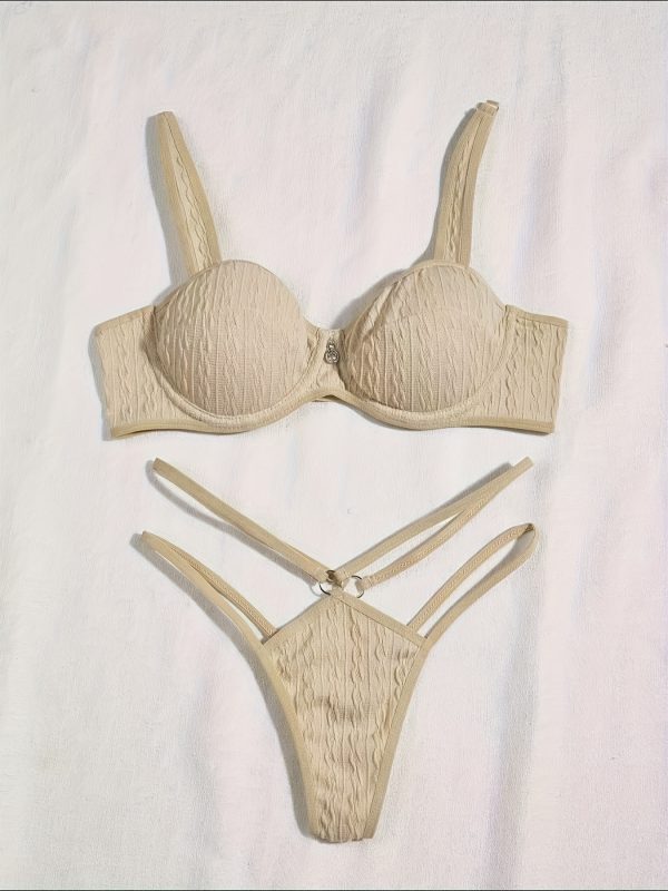 Women'S Comfortable, Lightweight, Solid Beige Bra Set with Rhinestone Accents - No Padding, Perfect for Everyday Wear, Everyday Bra Set|Minimalist Bra Design|Comfortable Bra - Image 2