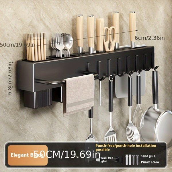 1pc Black Wall-Mounted Kitchen Organizer with Hooks – Space-Saving Storage Rack for Knives, Cutting Boards, Utensils & Spatulas, Durable Powder-Coated Finish, Perfect for Countertop or Cabinet Organization, Kitchen Organizers And Storage - Image 3