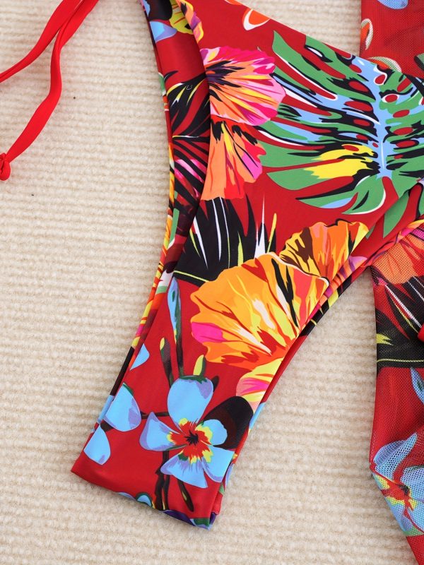 3pcs Floral Print Bikini Set, Polyester High Stretch Lace Up Three-piece Swimsuit for Women - Image 4